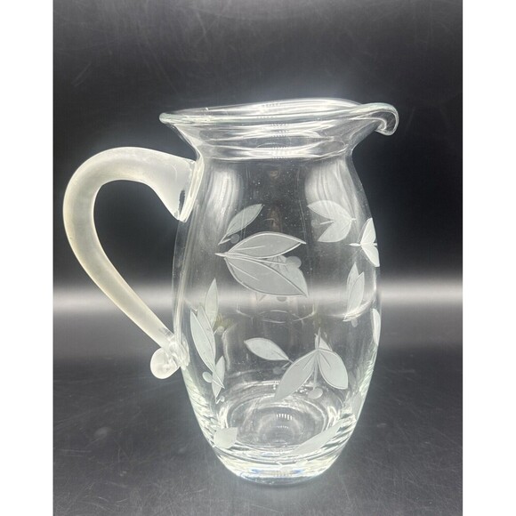 VTG Clear Glass Pitcher W/ Frosted Flowers & Frosted Applied Handle 9” EUC - Picture 3 of 7